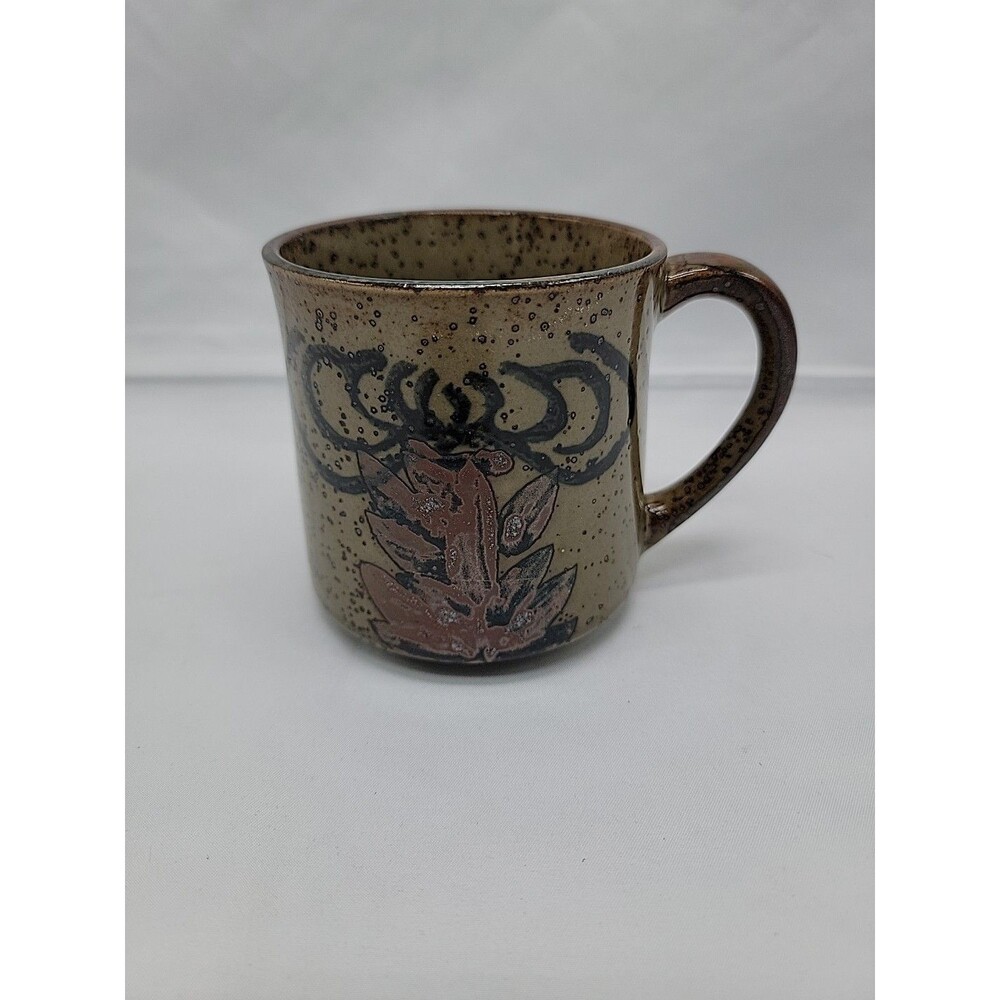 Vintage Stoneware Speckled Mug Floral Pattern Unmarked
